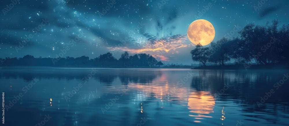 Full Moon Over a Tranquil Lake at Night Full Moon Over a Tranquil Lake at Night