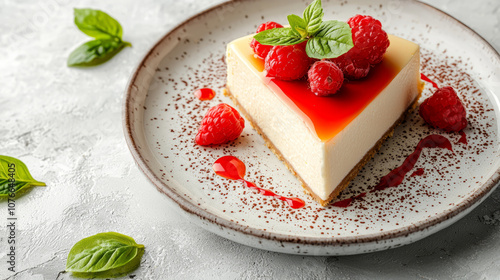 Delicious vanilla cheesecake topped with fresh raspberries and mint leaves, served on rustic plate, perfect for dessert lovers photo