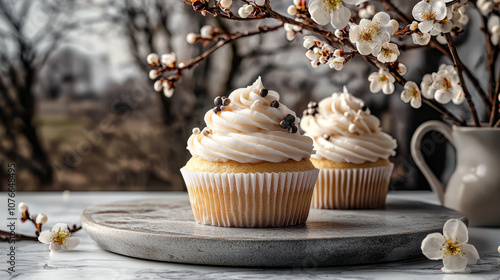 Delicious vanilla cupcakes topped with creamy frosting, beautifully presented with blooming flowers in background, creating delightful spring atmosphere photo