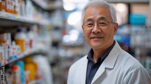 Senior asian man in a pharmacy, pharmacist