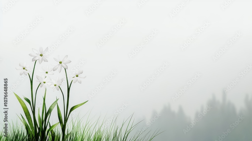 A serene landscape featuring delicate flowers in the foreground and a misty forest in the background, evoking a calm and tranquil atmosphere. A serene landscape featuring delicate flowers in the foreground and a misty forest in the background, evoking a calm and tranquil atmosphere.