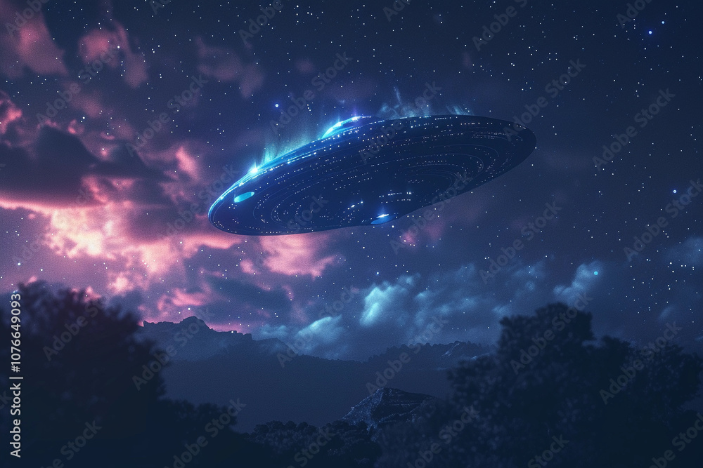 Iron oval UFO saucer hovering over beautiful landscape in dramatic sky Iron oval UFO saucer hovering over beautiful landscape in dramatic sky