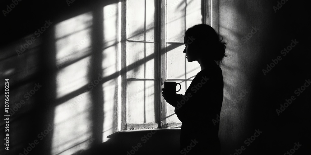 A woman is holding a cup in front of a window A woman is holding a cup in front of a window