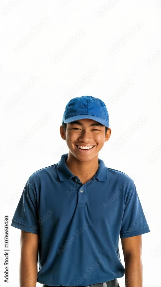 Smiling Philippine teenage boy wearing a blue polo shirt and cap, giving thumbs up, posing confidently against white background Smiling Philippine teenage boy wearing a blue polo shirt and cap, giving thumbs up, posing confidently against white background