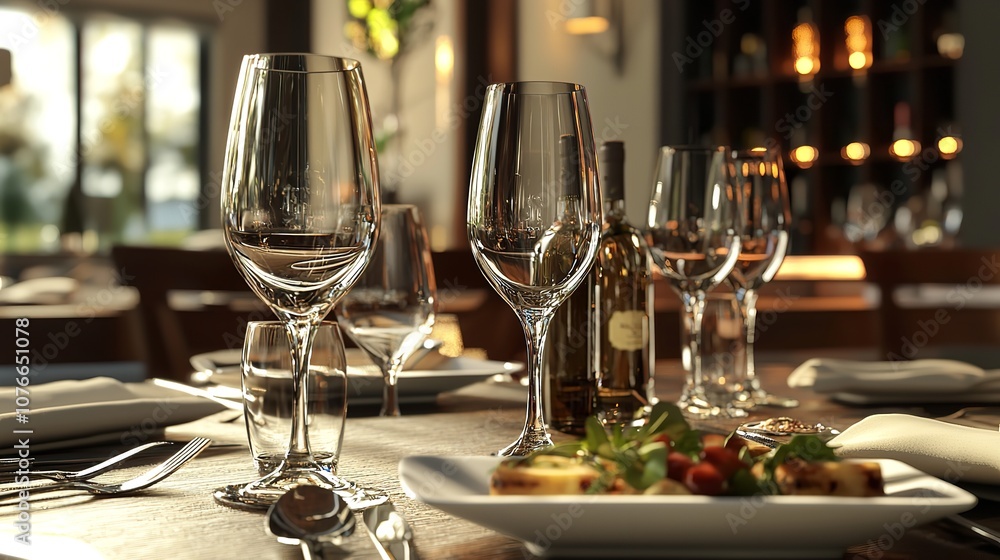 An elegantly set dining table in a fine restaurant, featuring a multi-course meal with wine pairings, beautifully presented by attentive waitstaff. An elegantly set dining table in a fine restaurant, featuring a multi-course meal with wine pairings, beautifully presented by attentive waitstaff.