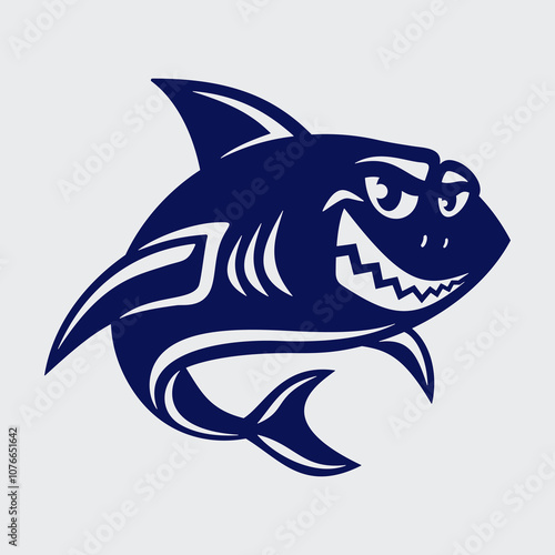 Scary blue shark. A sea predator with an evil grin, teeth, stern look, fins, and tail. Template for plotter laser cutting of paper, fretwork, wood carving, metal engraving, cnc. Vector illustration.