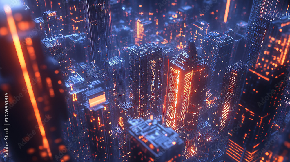 Fototapeta premium Hyper-realistic 3D digital art of a cityscape with intricate details and dynamic lighting effects