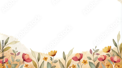 Watercolor floral border. Hand painted flowers and leaves isolated on white background