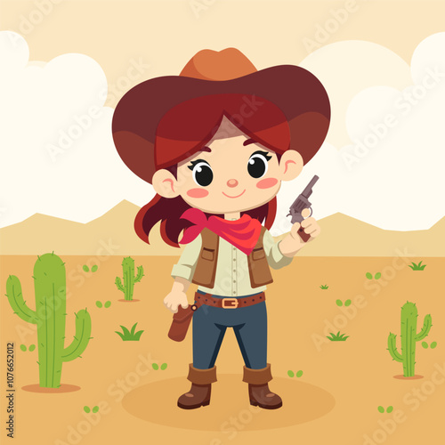 Cowgirl with gun cartoon character illustration