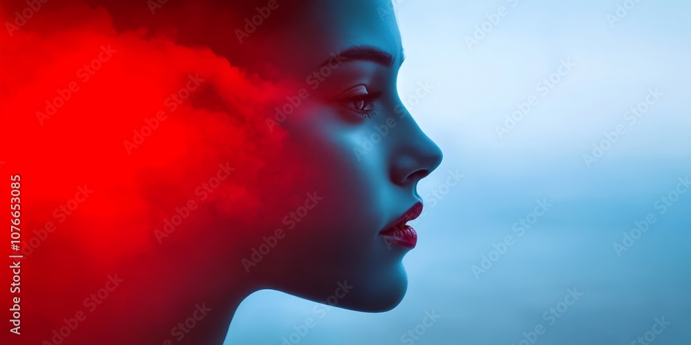 Surreal Portrait of a Woman with Red Smoke Against a Blue Background Surreal Portrait of a Woman with Red Smoke Against a Blue Background