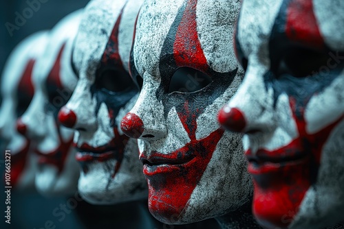 A series of clown masks with intricate designs in white, red, and black are displayed in a line, This mysterious and eerie imagery can be used for Halloween promotions, artistic projects photo