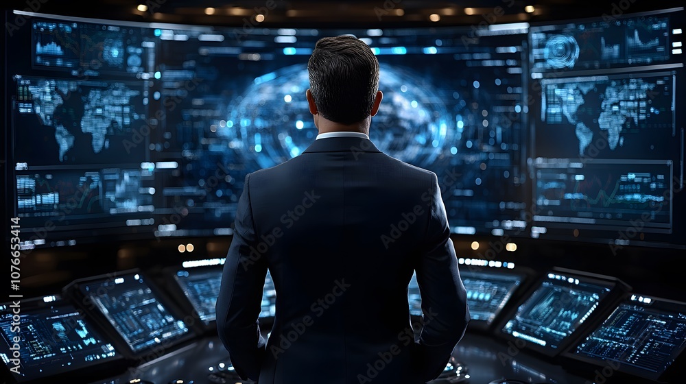 Fototapeta premium Financial analyst studying stock market trends in 2025, digital charts, global data insights, futuristic display,