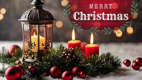 christmas decorations with lantern, baubbles, fir branch and candle light; traditional simple xmas decor; merry christmas congratulation video photo