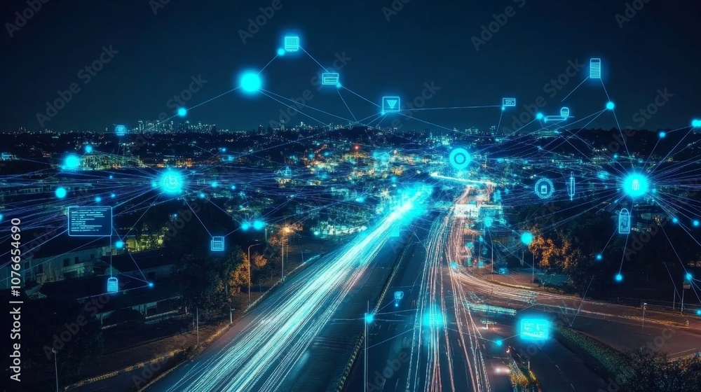 Obraz premium Connected Devices in a Digital Network at Night