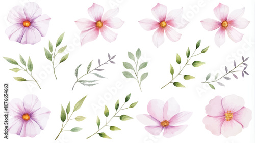 Set of watercolor flowers and leaves isolated on a white background.