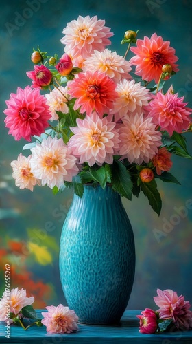 A vibrant display of colorful dahlias in a blue vase against a soft background