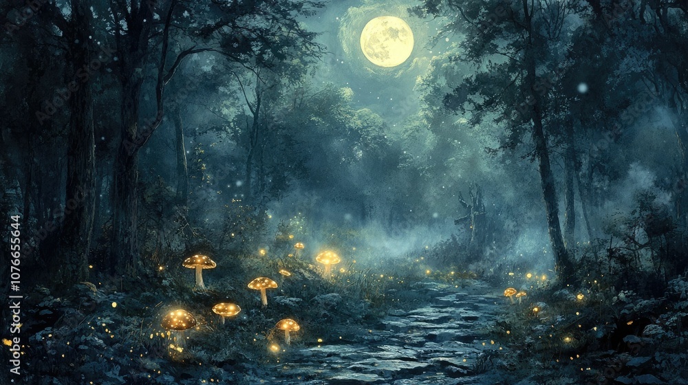 Fototapeta premium Enchanting Watercolor Painting of a Mystical Moonlit Forest Landscape with Glowing Mushrooms and Misty Atmospheric Ambiance Evoking a Dreamlike Fairytale like Atmosphere