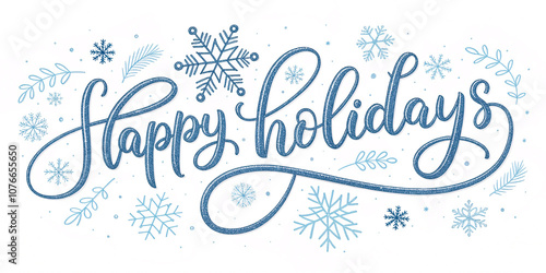 Playful Blue Happy Holidays Hand-lettering Banner with Light Snowflakes on White Background