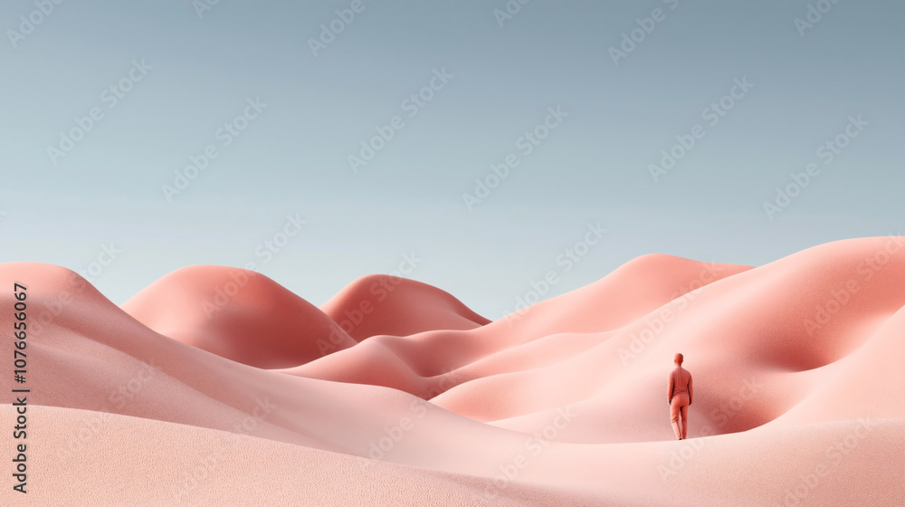 Fototapeta premium Minimalistic surreal landscape with smooth pink sand dunes and a solitary figure in matching pink clothing, under a clear blue sky.
