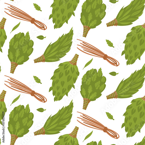 pattern of bath brooms for saunas, baths, steam rooms is made in white. Eucalyptus, oak, birch, massage branches are collected and rewound with bundles of branches leaves for massage during relaxation