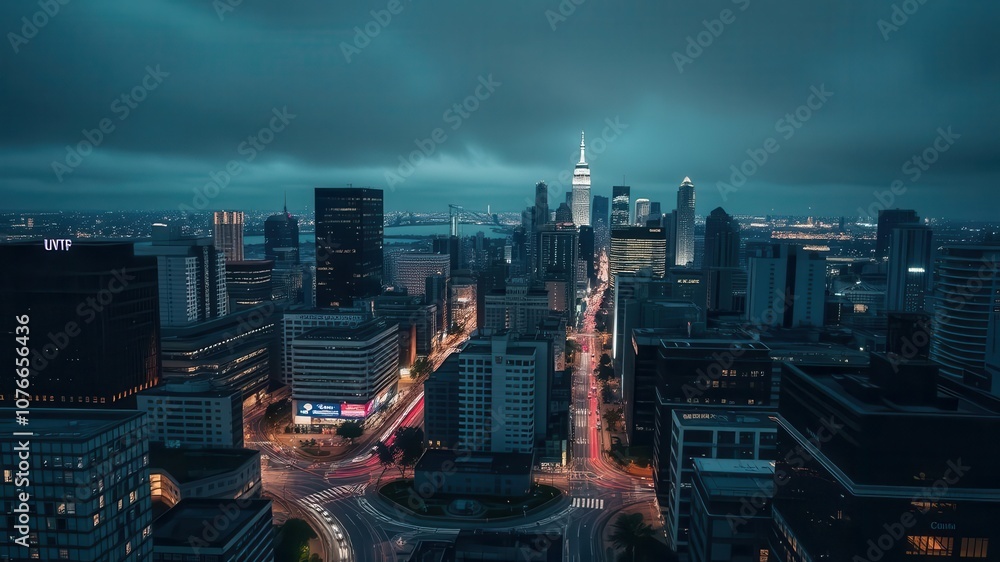 Fototapeta premium A high-contrast cityscape wallpaper featuring tall skyscrapers and bustling streets, modern, dramatic, downtown