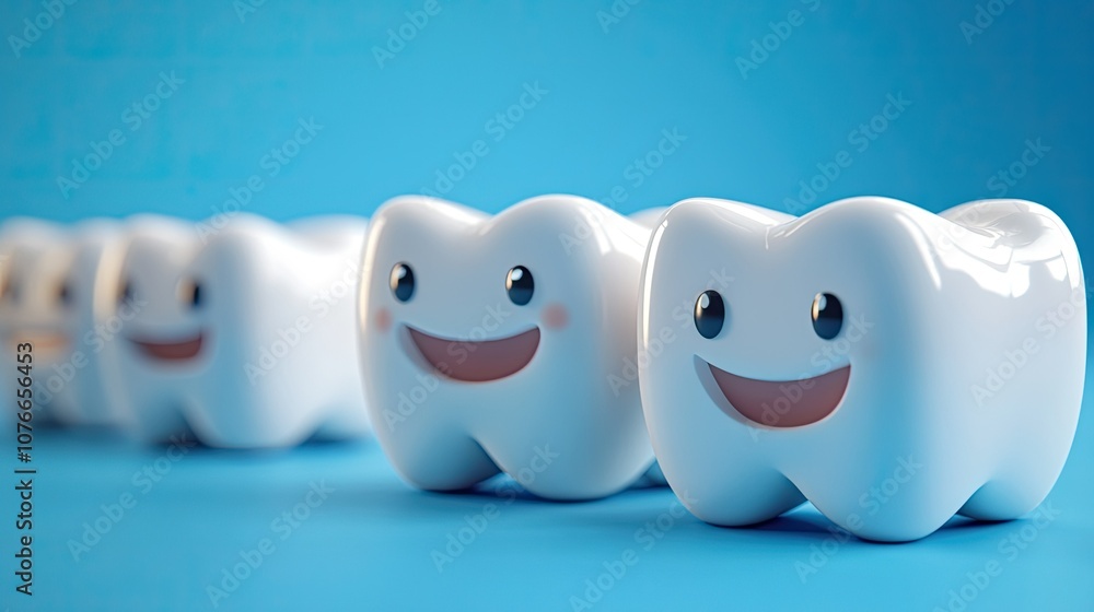 Obraz premium Cute Cartoon Teeth with Smiles on Blue Background