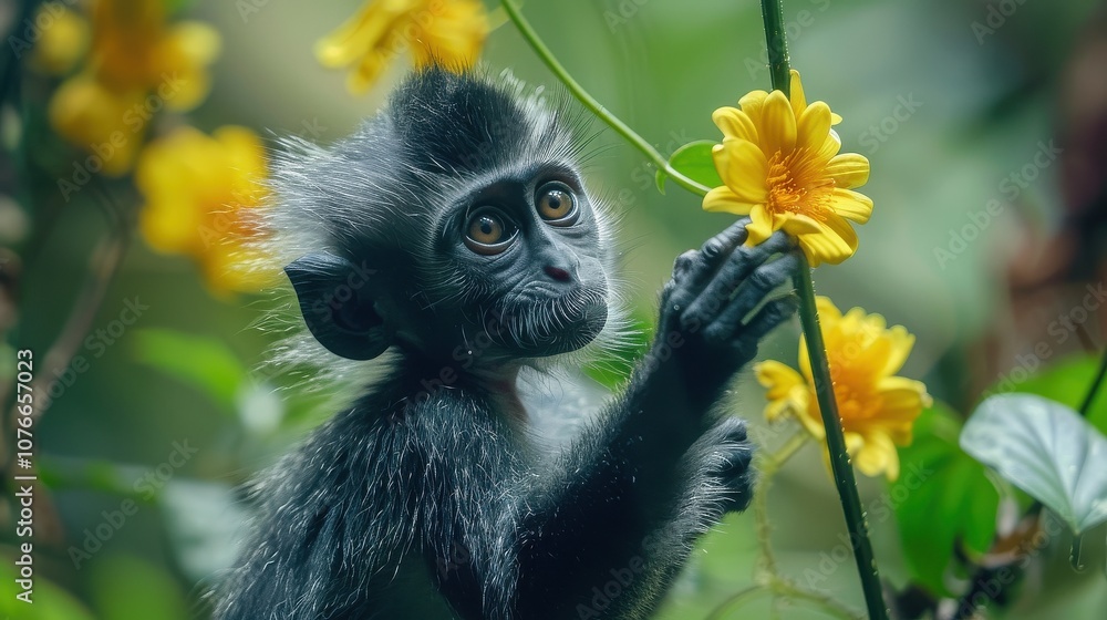 Fototapeta premium Monkey with yellow flower 
