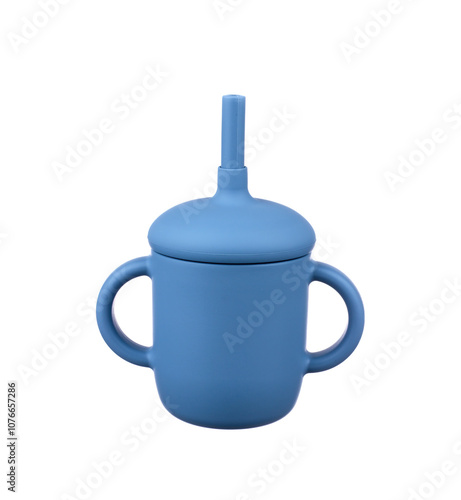 Silicone cup isolated on white background. Baby tableware on white background