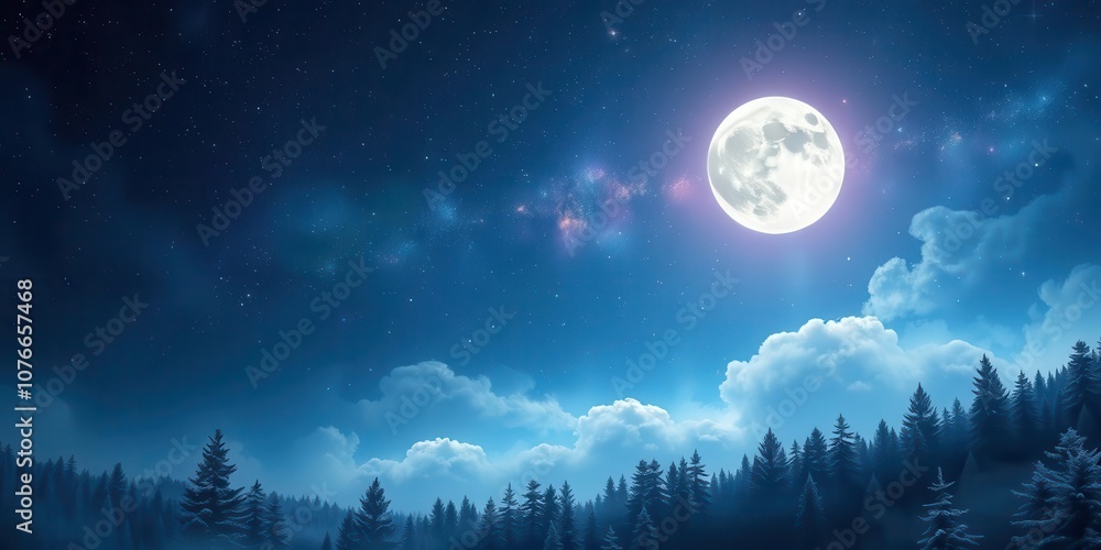 A mystical holiday background with twinkling stars, a full moon, and a magical forest, universe, background, moon A mystical holiday background with twinkling stars, a full moon, and a magical forest, universe, background, moon