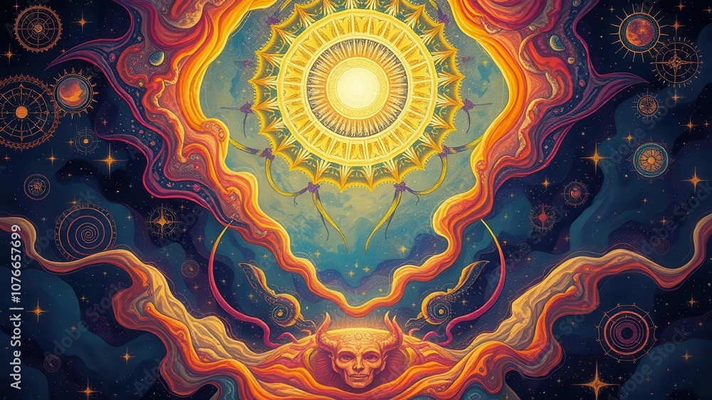 A retro background with an mystical aura featuring vibrant colors and swirling patterns, illustration, cosmic, spiritual A retro background with an mystical aura featuring vibrant colors and swirling patterns, illustration, cosmic, spiritual