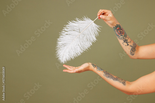 Close up cropped female holding in hand white feather isolated on pastel plain green olive color wall background studio. Lifestyle morning routine skin care concept. Copy space advertising mock up. photo