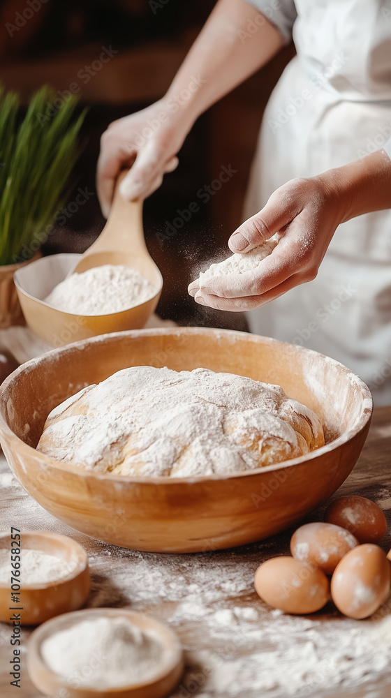 Fototapeta premium Hands of a baker dusting flour onto dough while surrounded by eggs and bowls in a rustic kitchen