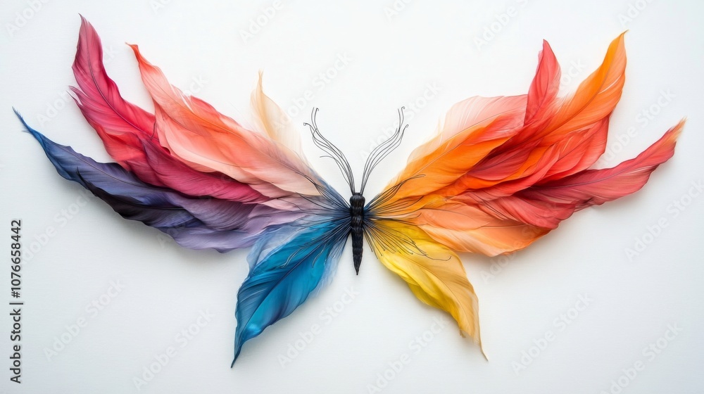 Obraz premium butterfly art piece, crafted entirely from colorful pastel soft color feathers