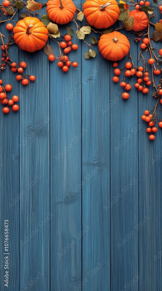 Orange pumpkins and autumn berries displayed on a blue wooden background during fall season Orange pumpkins and autumn berries displayed on a blue wooden background during fall season
