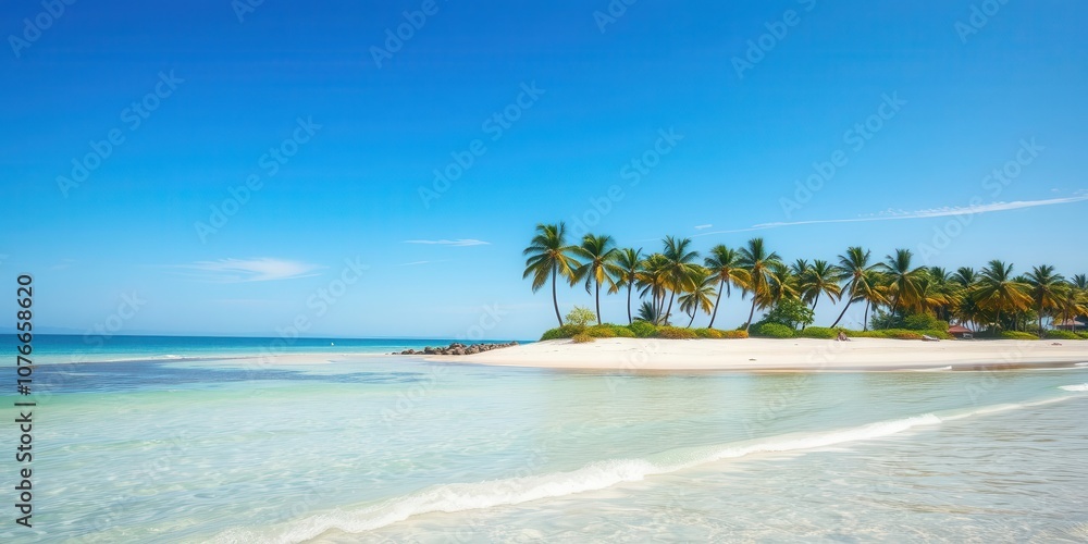 Fototapeta premium A tranquil holiday background featuring a serene beach with sparkling blue water and palm trees swaying in the gentle breeze, peaceful, serene, beach