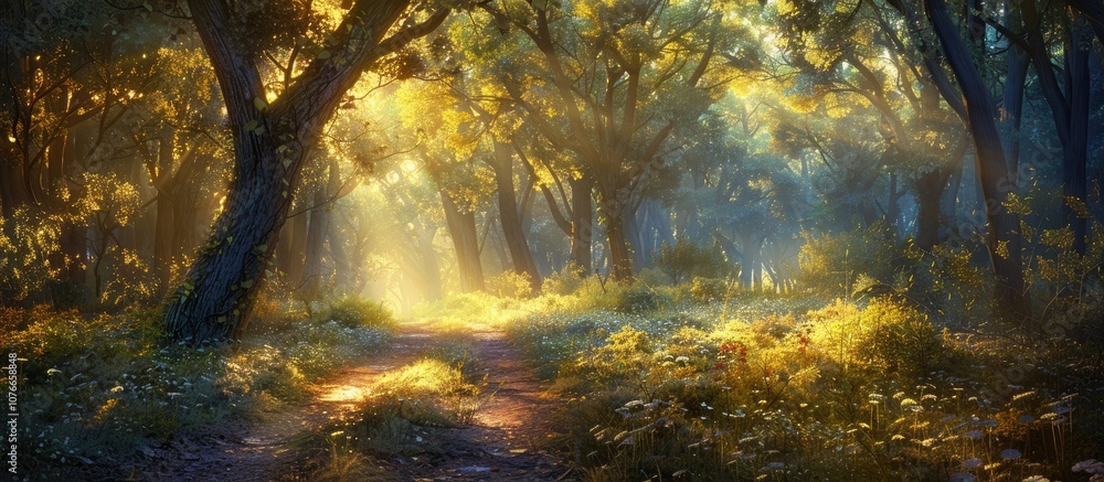 Sunlit Path Through a Mystical Forest Sunlit Path Through a Mystical Forest