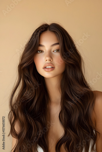 Wallpaper Mural A beautiful woman with long, brown hair, styled as a hair model, Generative AI Torontodigital.ca