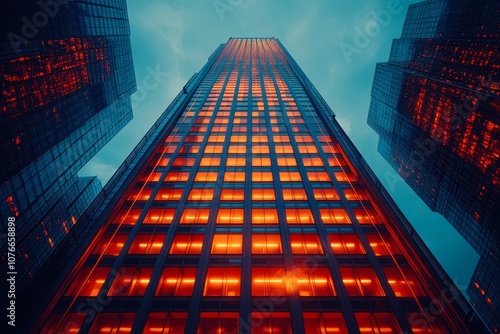 Wallpaper Mural A striking view looking up at a modern skyscraper illuminated with warm orange lights against a dramatic sky, This image is ideal for business presentations, architectural showcases Torontodigital.ca