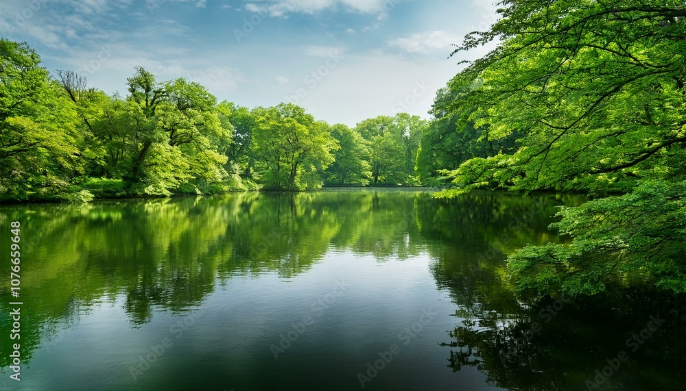 a serene lake surrounded by lush green trees a serene lake surrounded by lush green trees