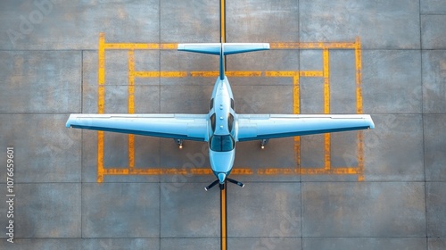 Aerial view of a small blue aircraft parked on a marked concrete runway in bright daylight