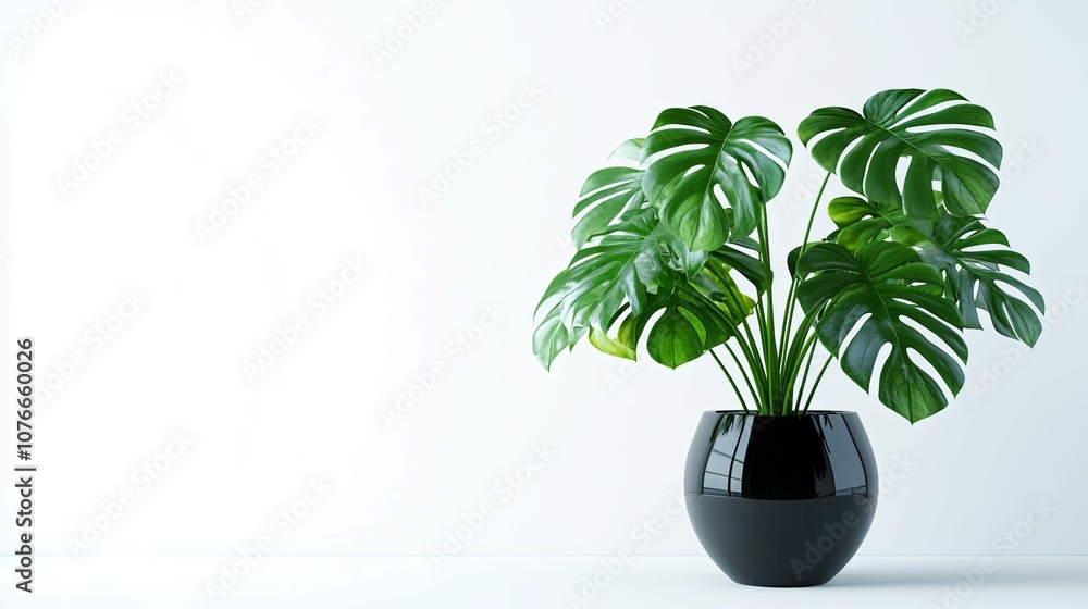 A Lush Green Monstera Plant in a Black Pot Against a White Wall A Lush Green Monstera Plant in a Black Pot Against a White Wall