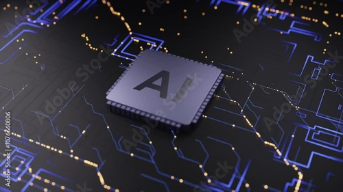 A video of an AI processing chip integrated into a high-tech circuit board. The chip glows with blue neon lines that indicate data transfer, surrounded by a modern, black, technological environment.