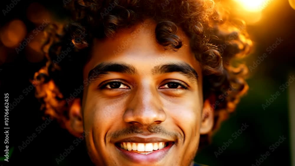 Close-up portrait of a smiling young man with curly brown hair, dark skin, and dark eyes, against a blurred background with warm, golden bokeh Close-up portrait of a smiling young man with curly brown hair, dark skin, and dark eyes, against a blurred background with warm, golden bokeh