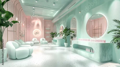 Obraz Chic beauty salon interior with pastel colors and modern furnishings designed for relaxation in a lively urban setting