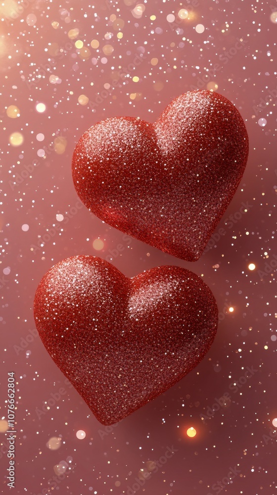 Fototapeta premium Two heart decorations shine on a pink background with soft bokeh lights for a festive vibe