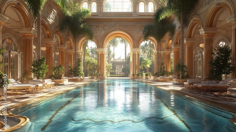 Fototapeta premium Luxurious indoor pool surrounded by elegant architecture and greenery.