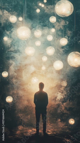 Silhouette of a Person Standing Amidst Glowing Spheres