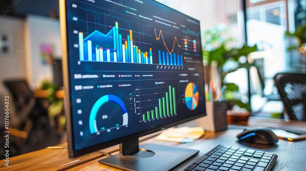 Desktop monitor displaying a comprehensive data analysis report with visualized business statistics, KPI graphs, and projected growth trends in a tech office. Desktop monitor displaying a comprehensive data analysis report with visualized business statistics, KPI graphs, and projected growth trends in a tech office.