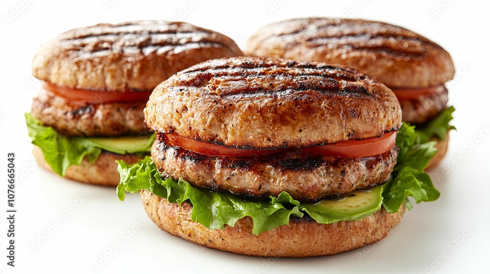 Grilled Turkey Burgers with Tomato and Avocado on White Background Grilled Turkey Burgers with Tomato and Avocado on White Background