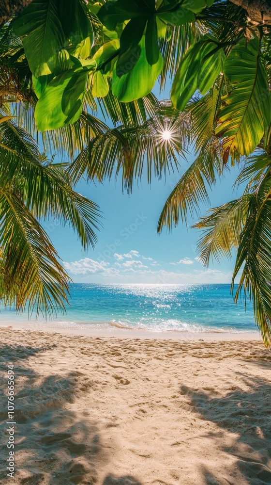Fototapeta premium Serene tropical beach view framed by palm leaves under a clear blue sky in the afternoon